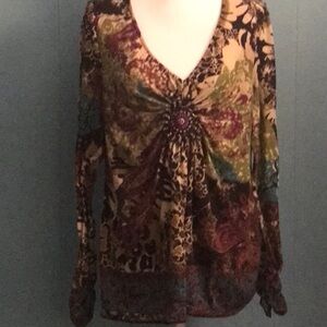 Fancy long sleeve multi print jeweled jersey top